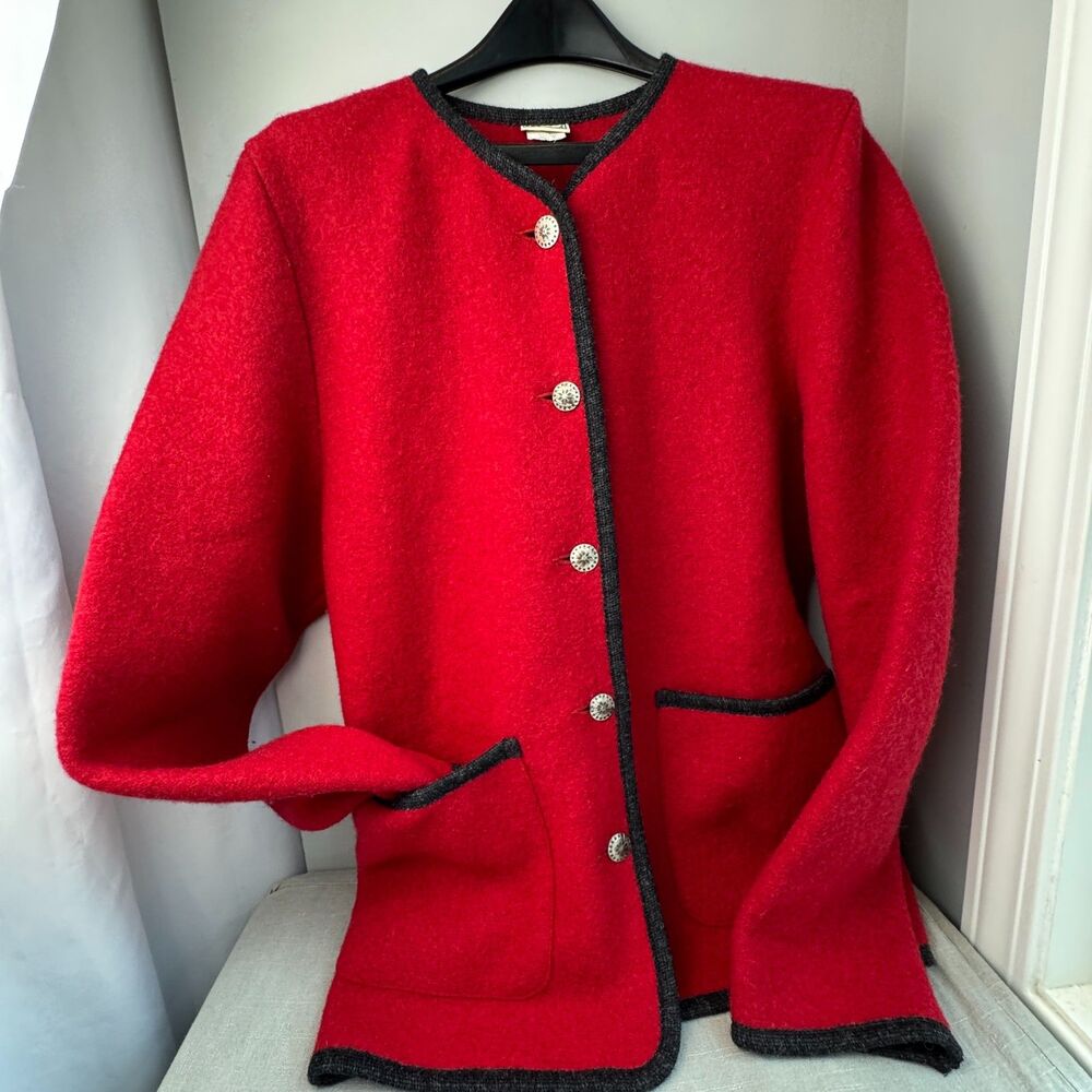 Vintage L.L. Bean Women’s M Red Boiled Wool Jacket Austria Silver Buttons Trim - Picture 1 of 11